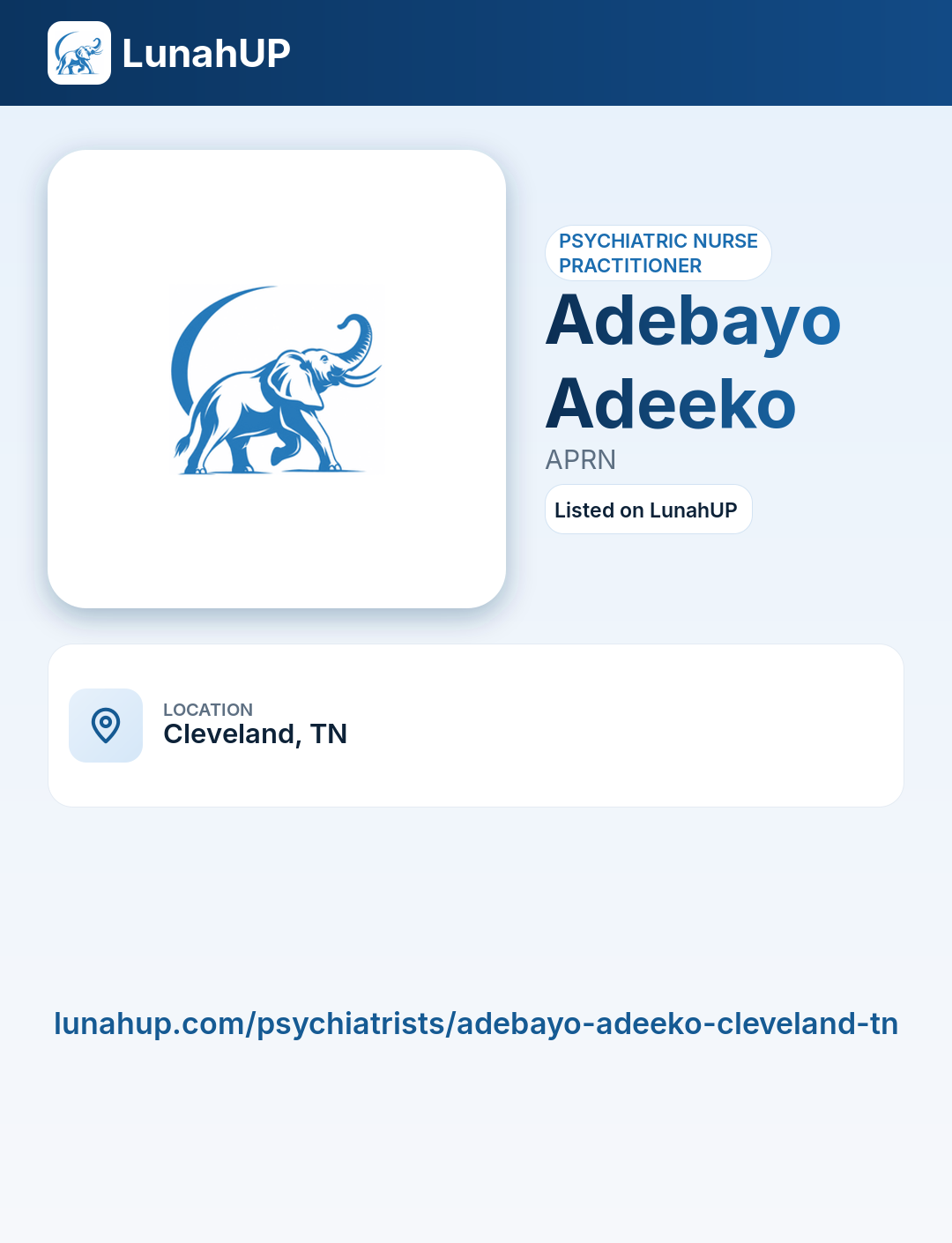 Adebayo Adeeko, APRN. Psychiatric nurse practitioner.