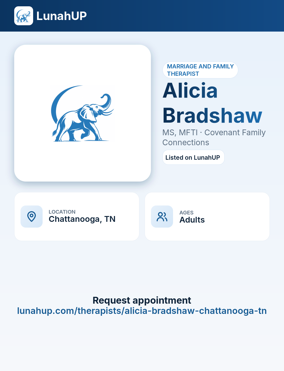 Alicia Bradshaw, MS, MFTI. Marriage and family therapist. For adults. 