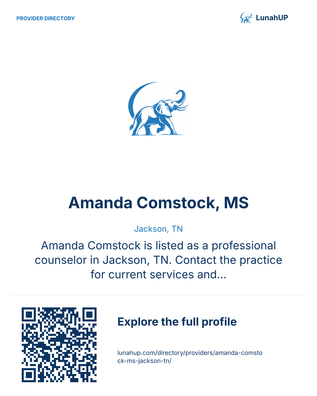 Sharing card for Amanda Comstock, MS. Jackson, TN. Amanda Comstock is listed as a professional counselor in Jackson, TN. Contact the practice for current services and appointment availability.  QR opens the published profile.