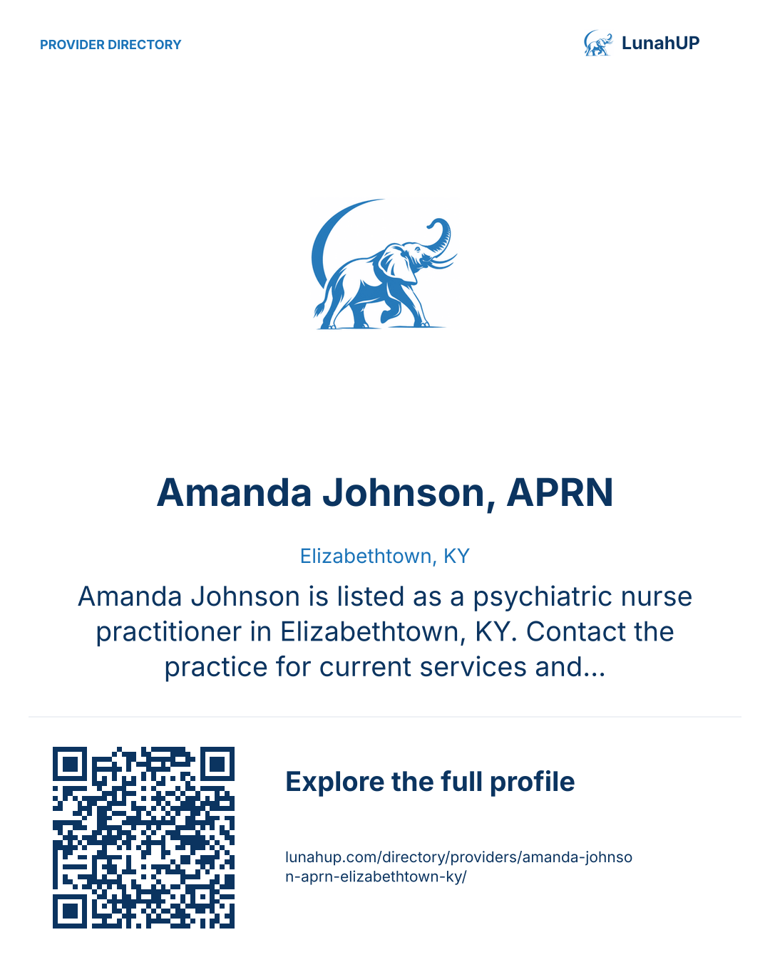 Sharing card for Amanda Johnson, APRN. Elizabethtown, KY. Amanda Johnson is listed as a psychiatric nurse practitioner in Elizabethtown, KY. Contact the practice for current services and appointment availability.  QR opens the published profile.