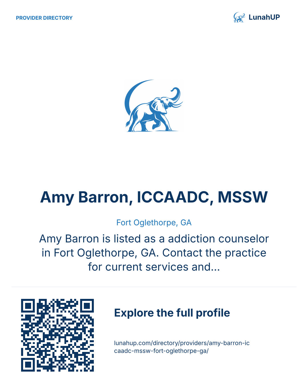 Sharing card for Amy Barron, ICCAADC, MSSW. Fort Oglethorpe, GA. Amy Barron is listed as a addiction counselor in Fort Oglethorpe, GA. Contact the practice for current services and appointment availability.  QR opens the published profile.