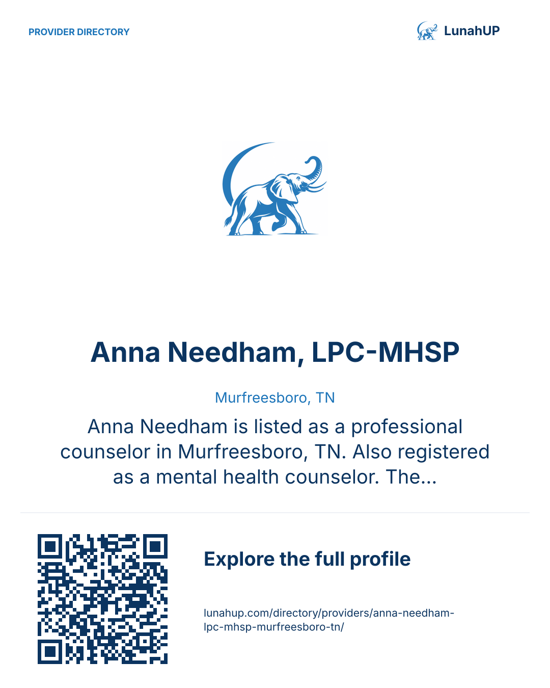 Sharing card for Anna Needham, LPC-MHSP. Murfreesboro, TN. Anna Needham is listed as a professional counselor in Murfreesboro, TN. Also registered as a mental health counselor. The registration also lists practice locations in Ooltewah, TN. Contact the practice…  QR opens the published profile.