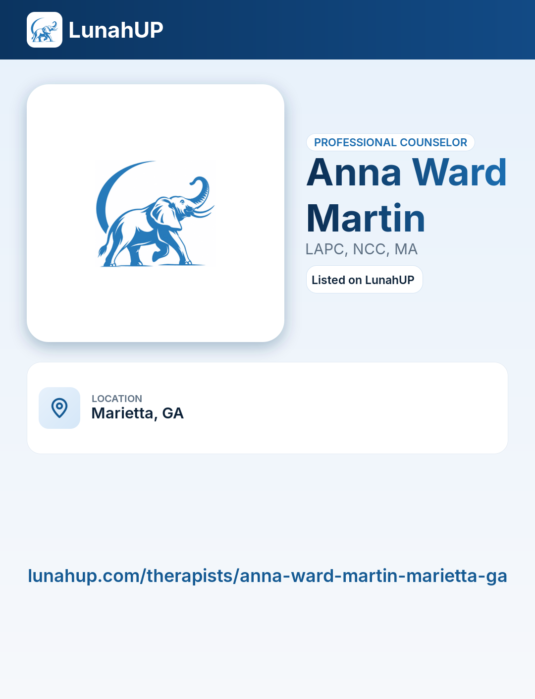 Anna Ward Martin, LAPC, NCC, MA. Professional counselor.