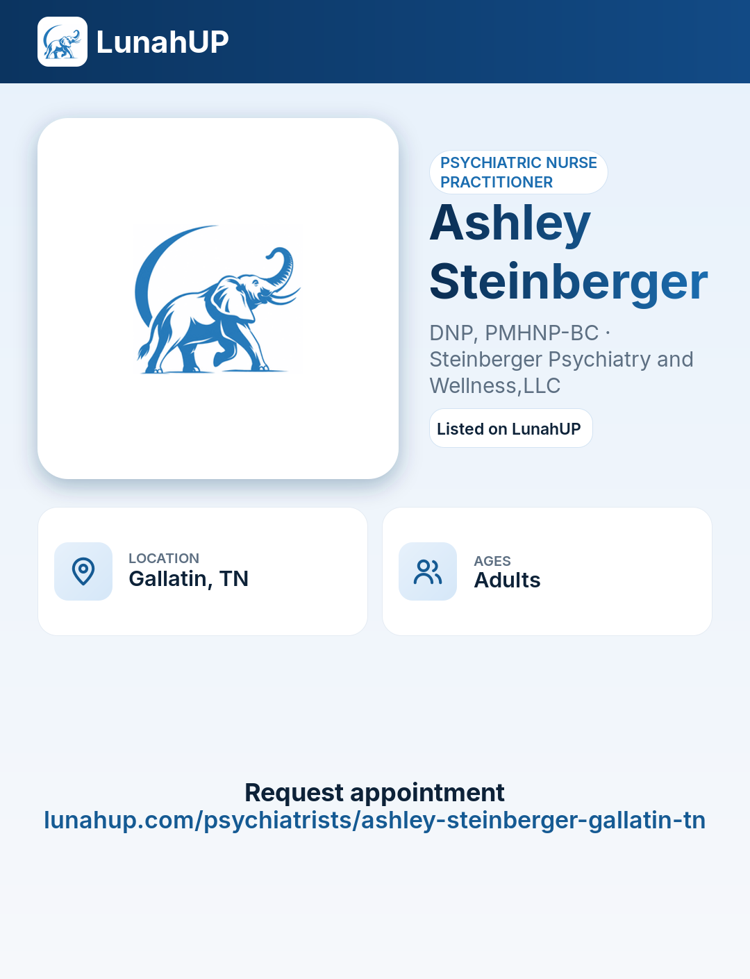 Ashley Steinberger, DNP, PMHNP-BC. Psychiatrist. For adults.