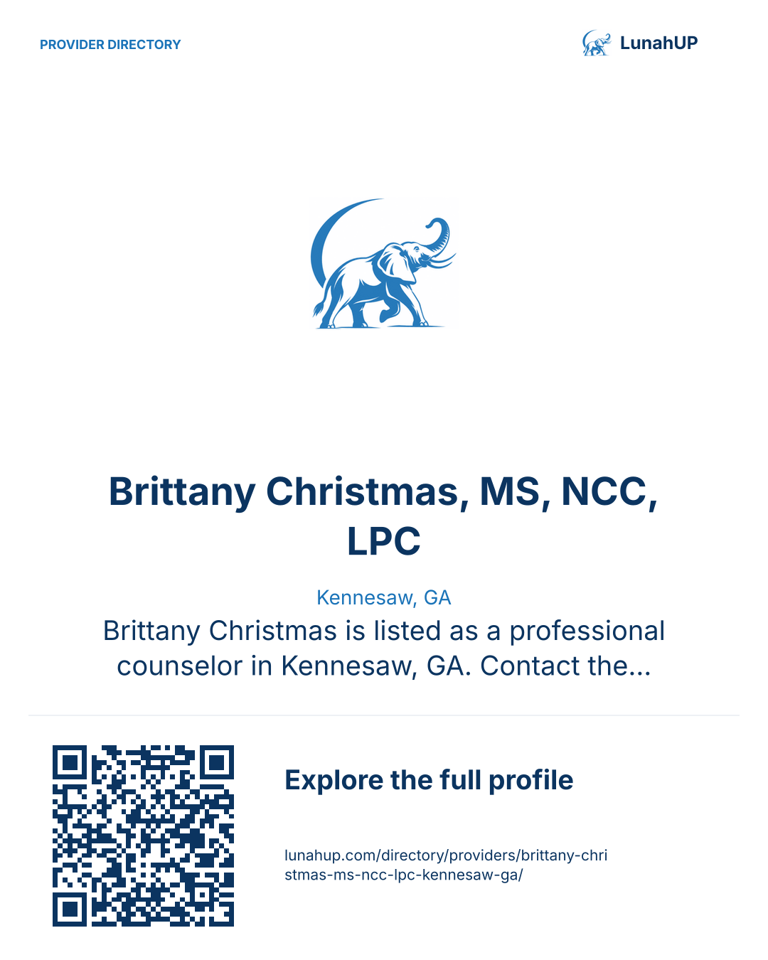 Sharing card for Brittany Christmas, MS, NCC, LPC. Kennesaw, GA. Brittany Christmas is listed as a professional counselor in Kennesaw, GA. Contact the practice for current services and appointment availability.  QR opens the published profile.