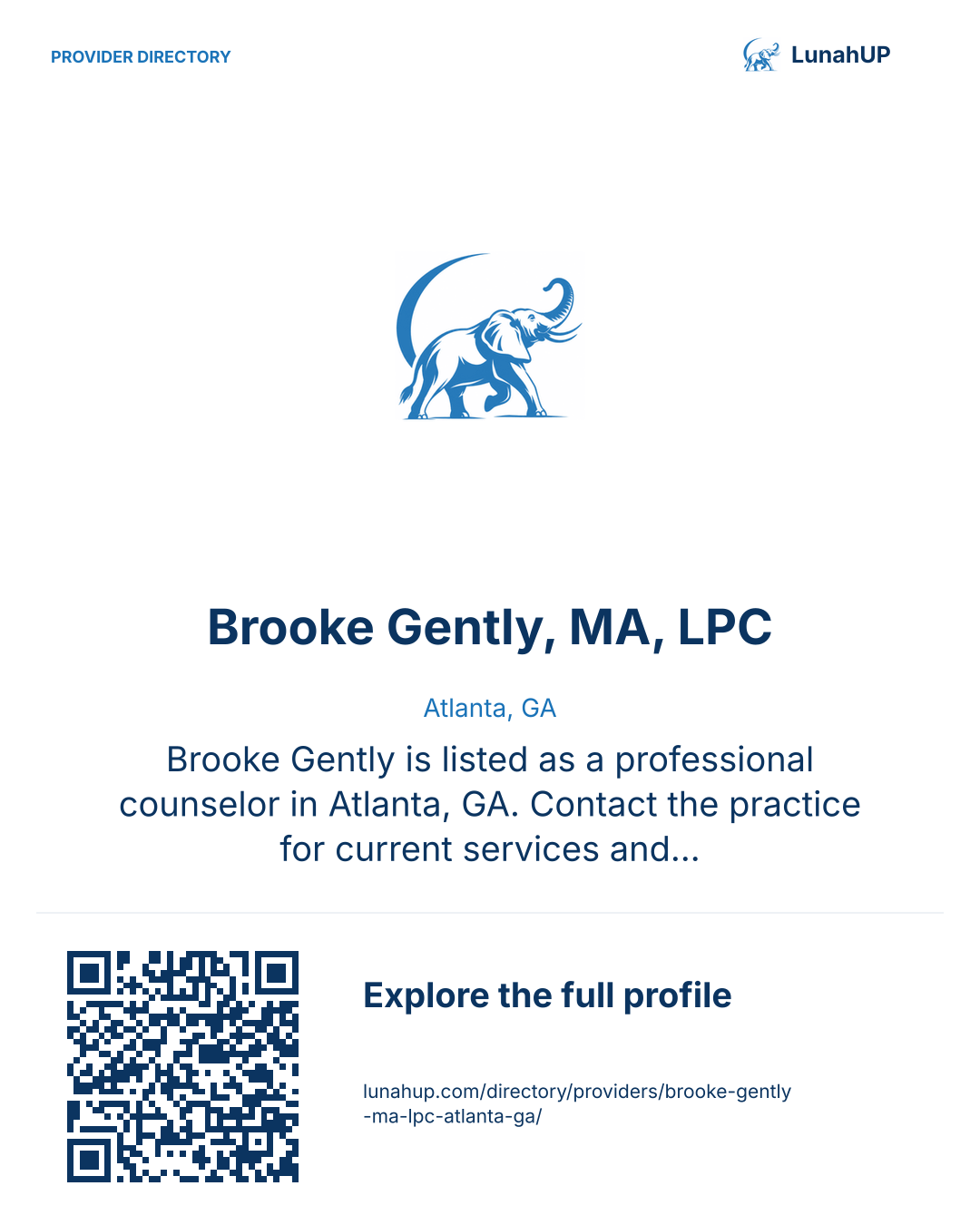 Sharing card for Brooke Gently, MA, LPC. Atlanta, GA. Brooke Gently is listed as a professional counselor in Atlanta, GA. Contact the practice for current services and appointment availability.  QR opens the published profile.