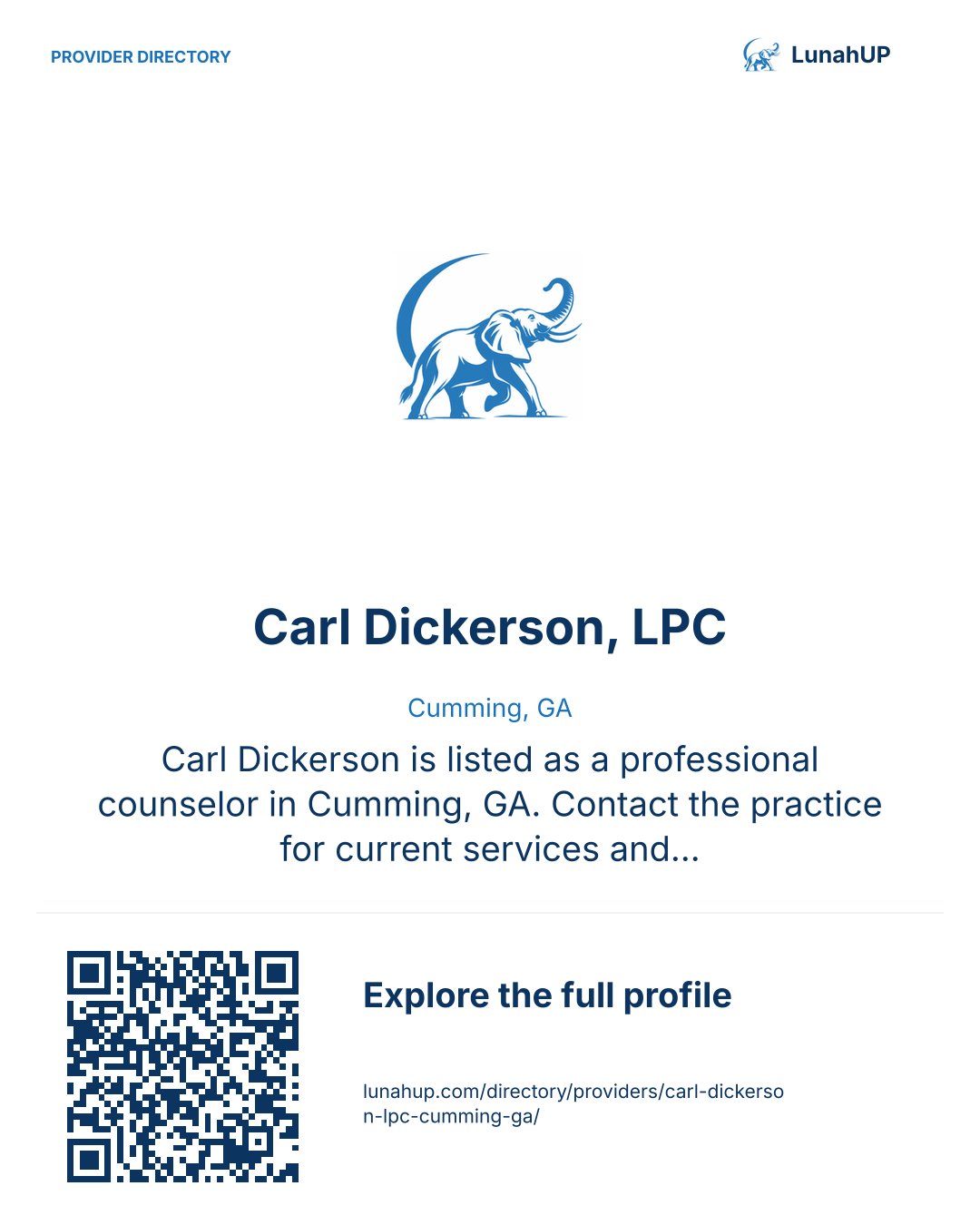 Sharing card for Carl Dickerson, LPC. Cumming, GA. Carl Dickerson is listed as a professional counselor in Cumming, GA. Contact the practice for current services and appointment availability.  QR opens the published profile.