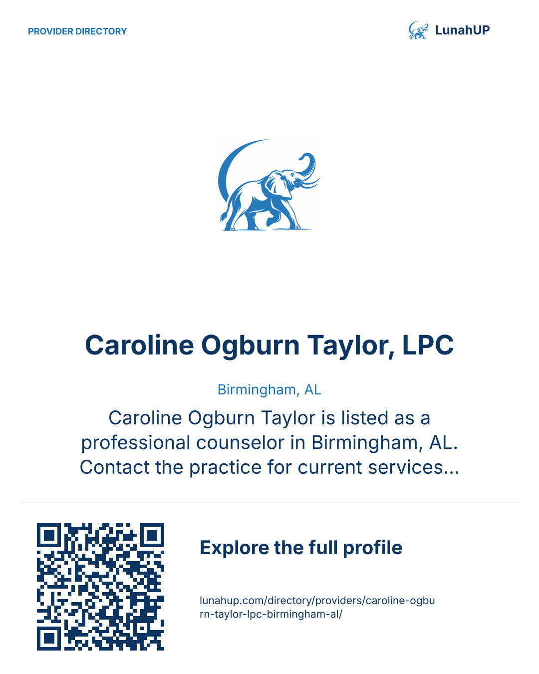 Sharing card for Caroline Ogburn Taylor, LPC. Birmingham, AL. Caroline Ogburn Taylor is listed as a professional counselor in Birmingham, AL. Contact the practice for current services and appointment availability.  QR opens the published profile.