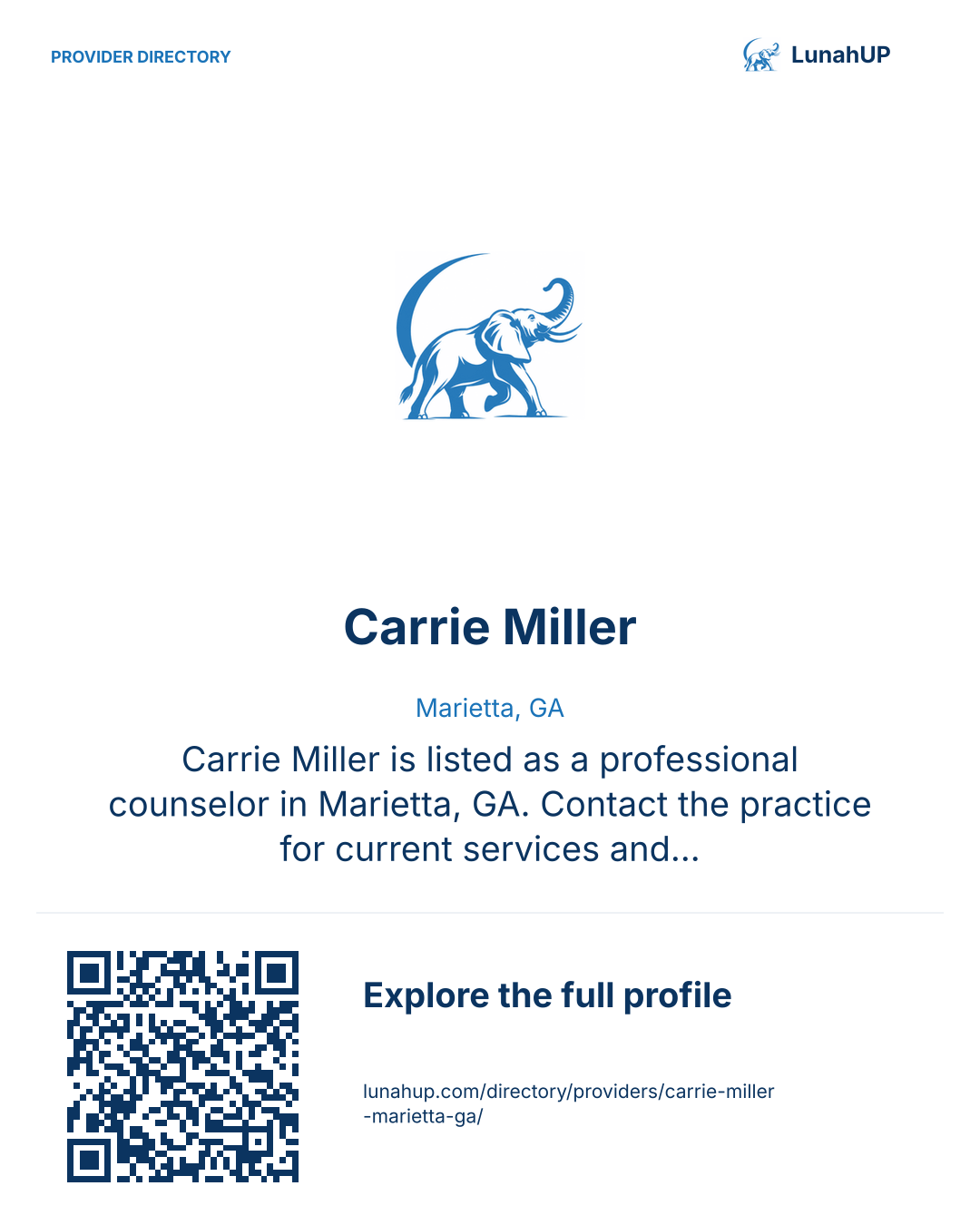 Sharing card for Carrie Miller. Marietta, GA. Carrie Miller is listed as a professional counselor in Marietta, GA. Contact the practice for current services and appointment availability.  QR opens the published profile.