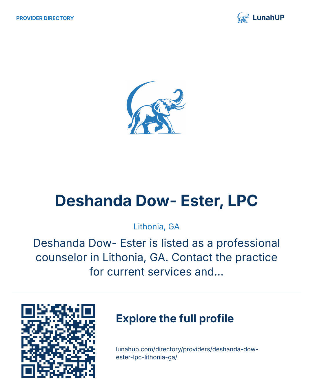 Sharing card for Deshanda Dow- Ester, LPC. Lithonia, GA. Deshanda Dow- Ester is listed as a professional counselor in Lithonia, GA. Contact the practice for current services and appointment availability.  QR opens the published profile.
