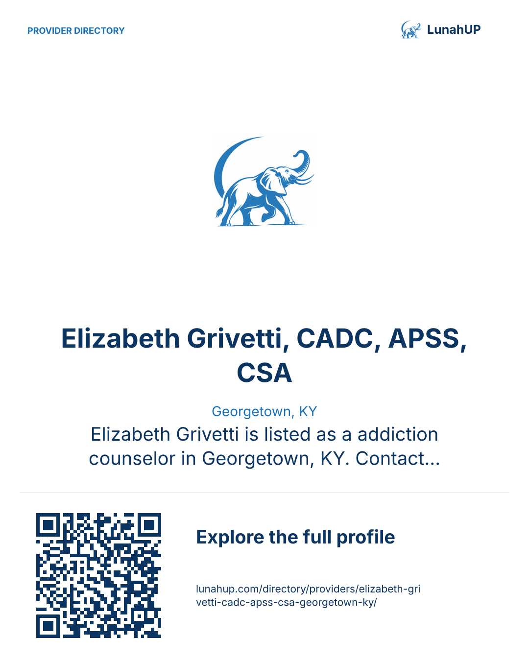 Sharing card for Elizabeth Grivetti, CADC, APSS, CSA. Georgetown, KY. Elizabeth Grivetti is listed as a addiction counselor in Georgetown, KY. Contact the practice for current services and appointment availability.  QR opens the published profile.