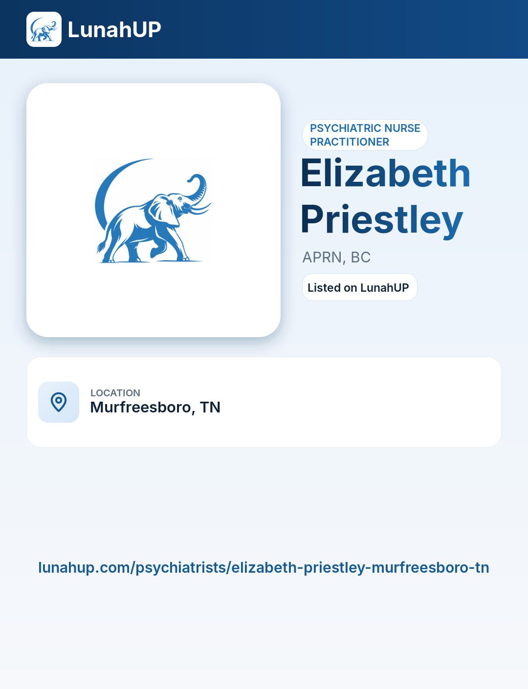 Elizabeth Priestley, APRN, BC. Psychiatric nurse practitioner.