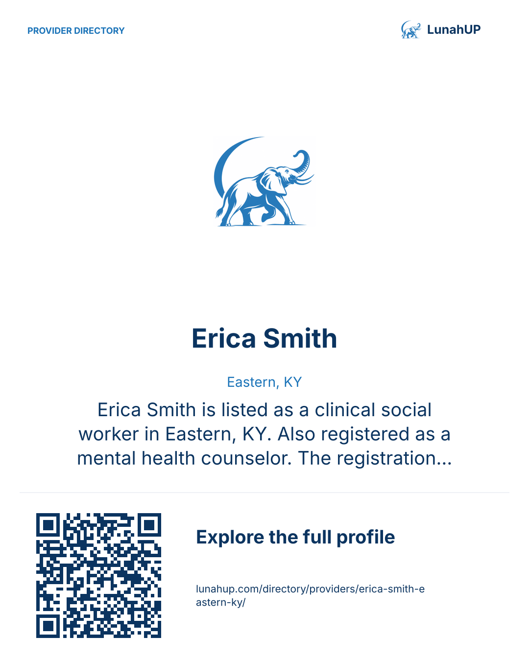 Sharing card for Erica Smith. Eastern, KY. Erica Smith is listed as a clinical social worker in Eastern, KY. Also registered as a mental health counselor. The registration also lists practice locations in Paintsville, KY, Inez, KY and Pikeville,…  QR opens the published profile.