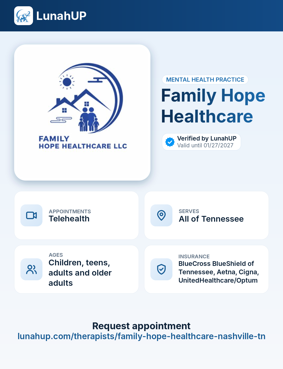 Family Hope Healthcare. Telehealth care. across Tennessee. Verified by LunahUP · Review valid until 01/27/2027