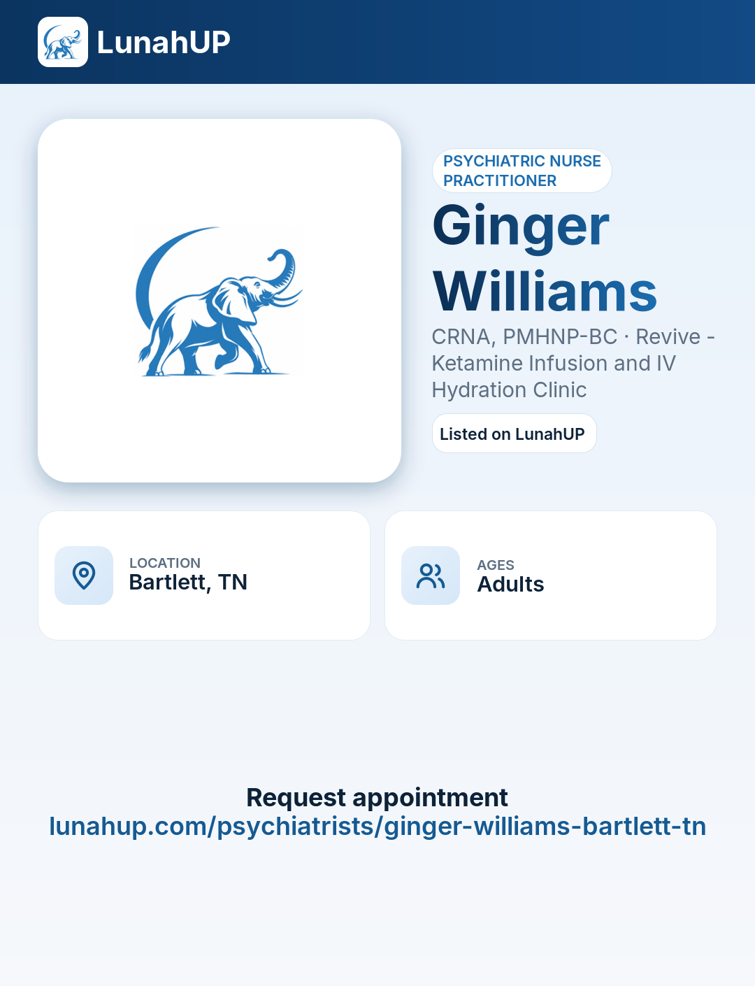 Ginger Williams, CRNA, PMHNP-BC. Psychiatric nurse practitioner. For adults.