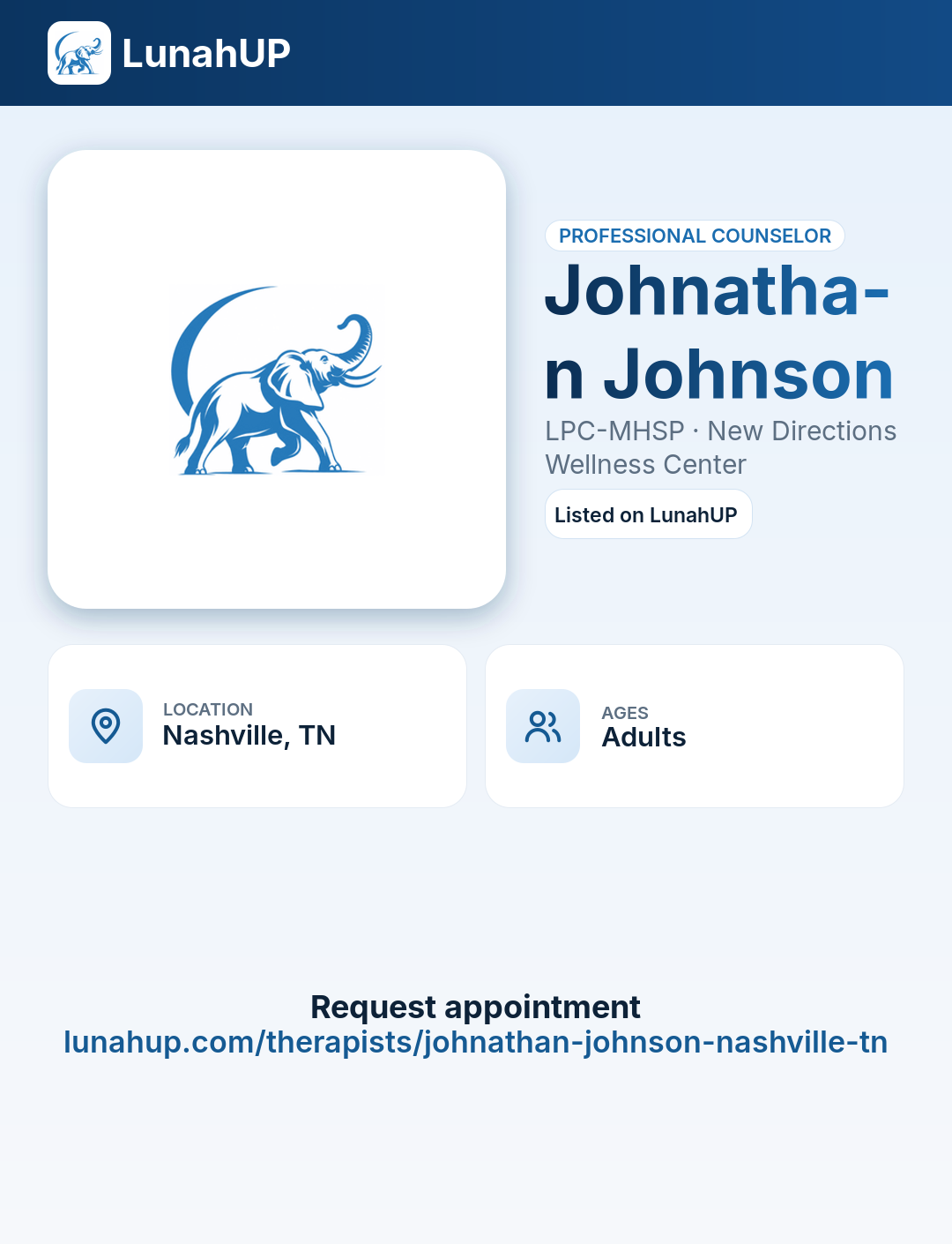 Johnathan Johnson, LPC-MHSP. Professional counselor. For adults.