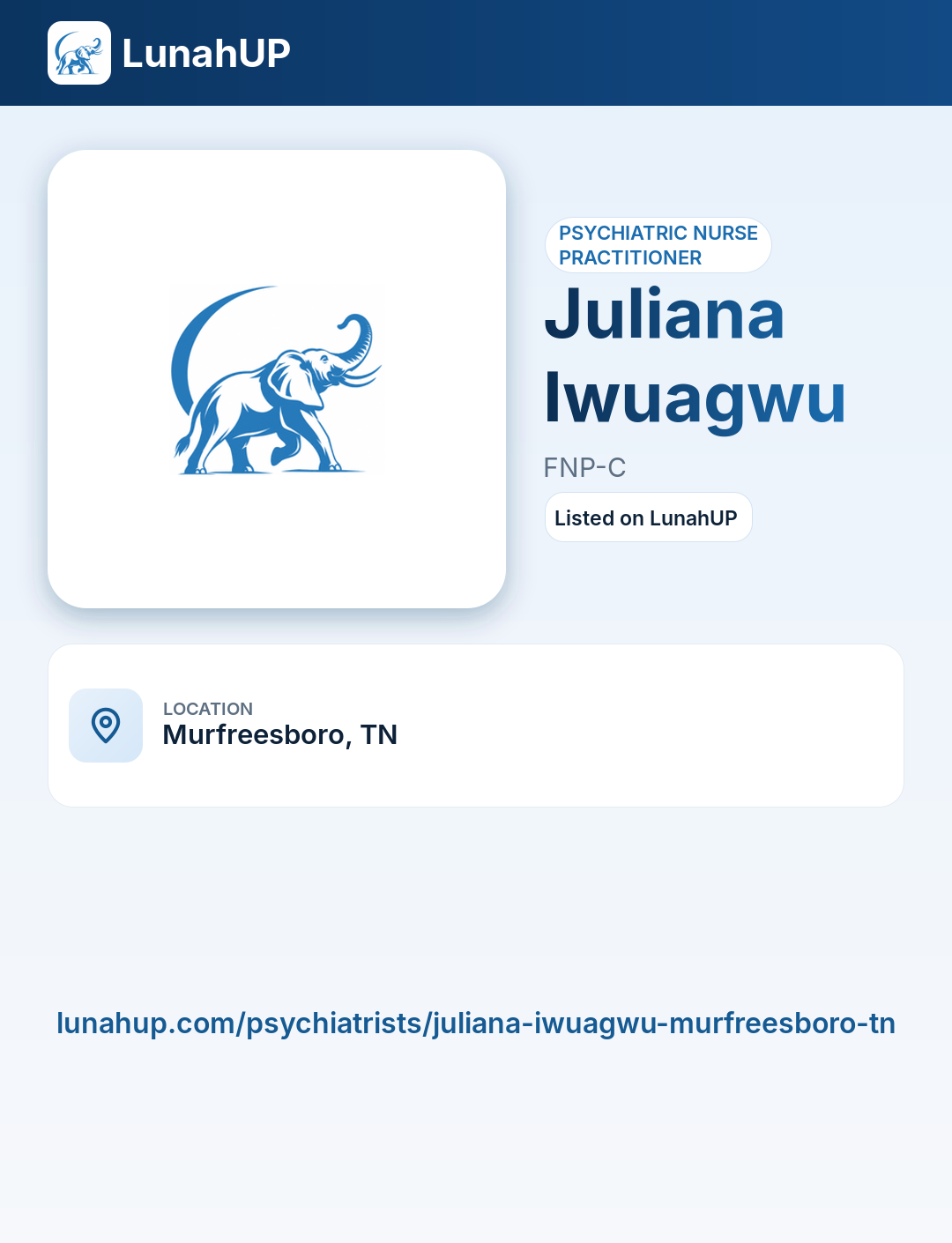 Juliana Iwuagwu, FNP-C. Psychiatric nurse practitioner. 