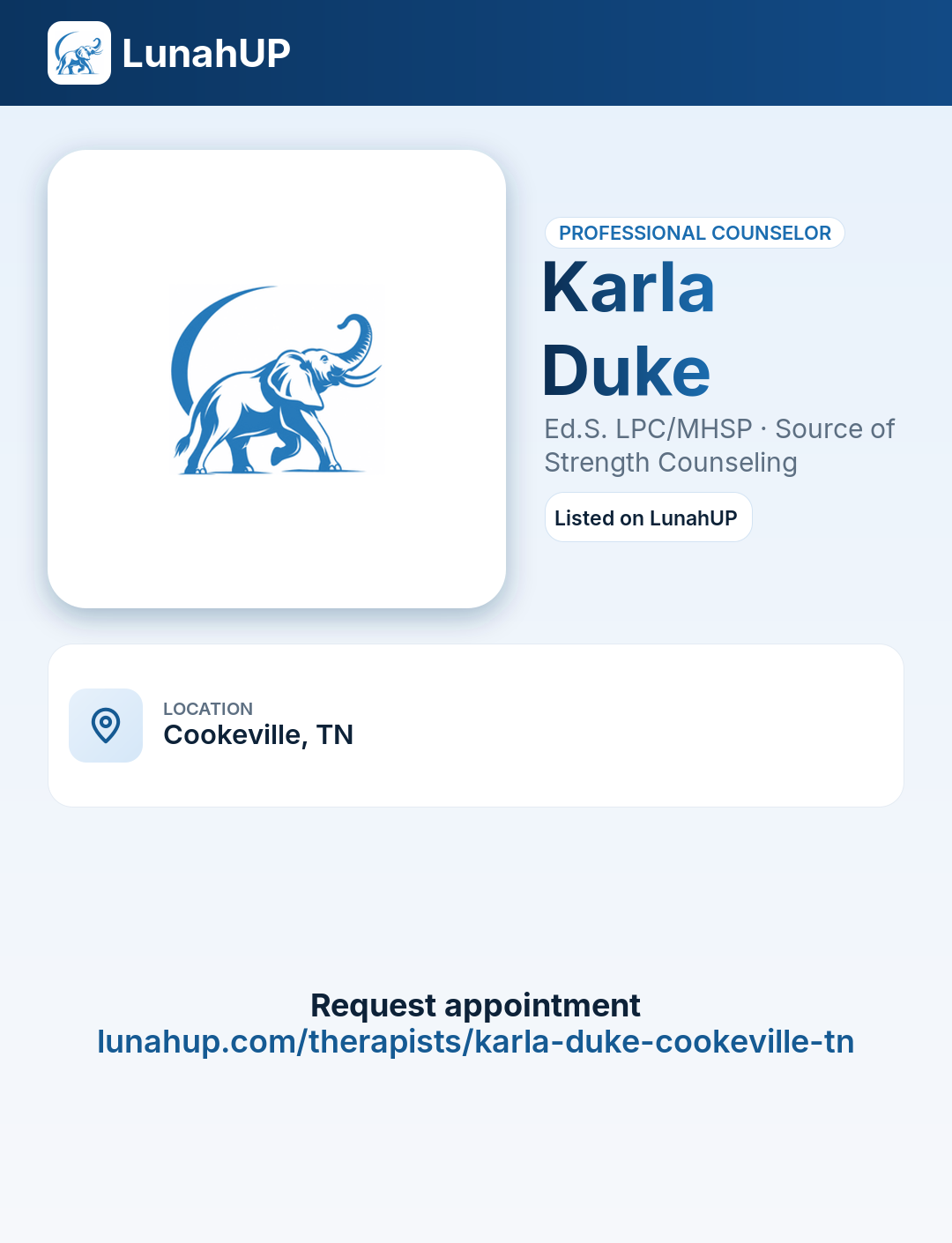 Karla Duke, Ed.S. LPC/MHSP. Professional counselor. 