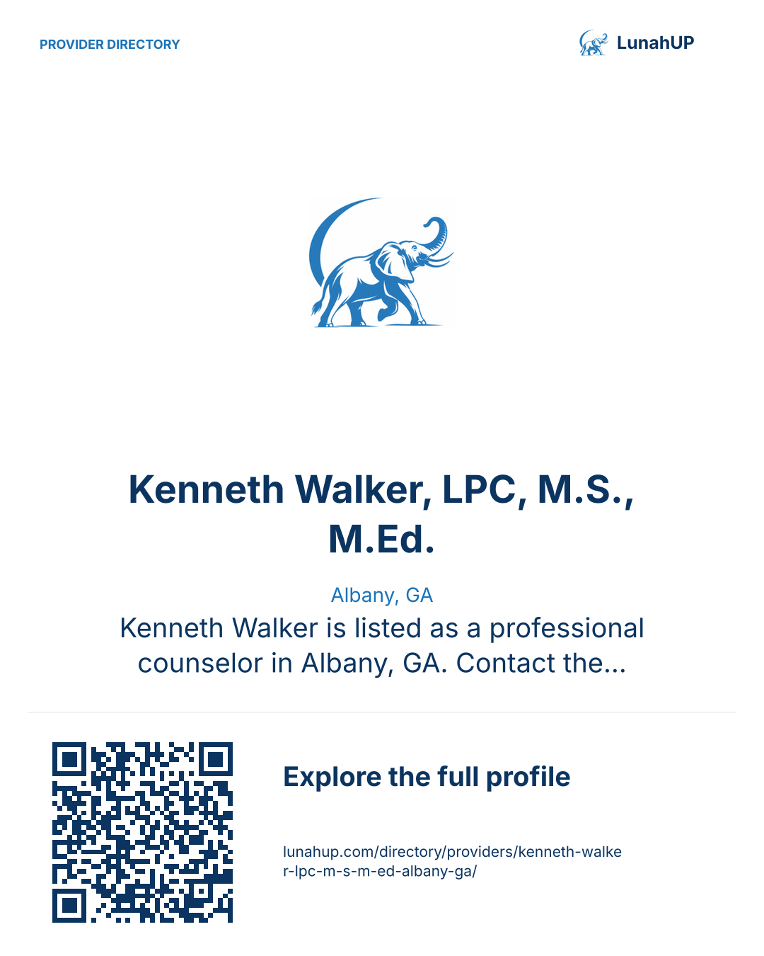 Sharing card for Kenneth Walker, LPC, M.S., M.Ed.. Albany, GA. Kenneth Walker is listed as a professional counselor in Albany, GA. Contact the practice for current services and appointment availability.  QR opens the published profile.