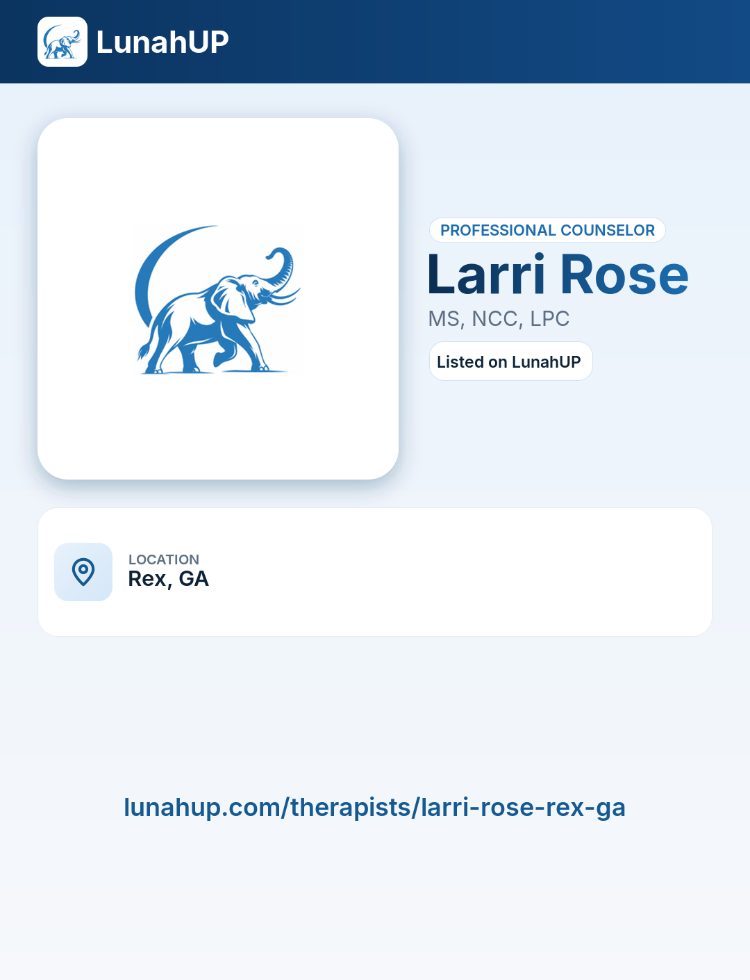 Larri Rose, MS, NCC, LPC. Professional counselor.