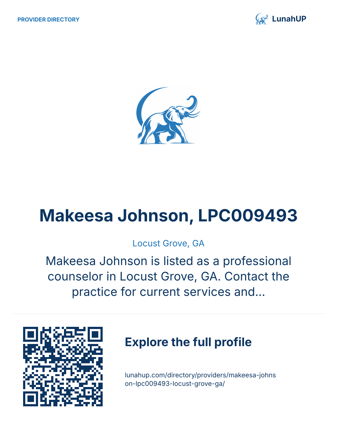 Sharing card for Makeesa Johnson, LPC009493. Locust Grove, GA. Makeesa Johnson is listed as a professional counselor in Locust Grove, GA. Contact the practice for current services and appointment availability.  QR opens the published profile.
