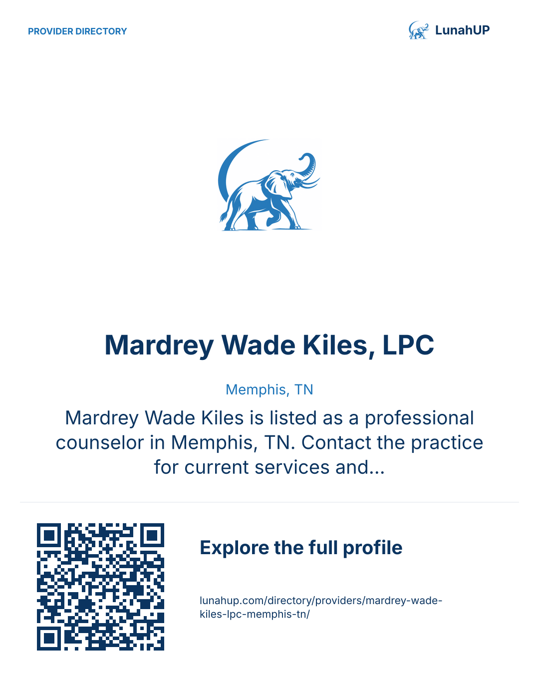 Sharing card for Mardrey Wade Kiles, LPC. Memphis, TN. Mardrey Wade Kiles is listed as a professional counselor in Memphis, TN. Contact the practice for current services and appointment availability.  QR opens the published profile.