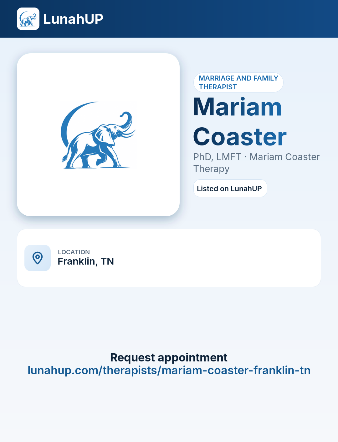 Mariam Coaster, PhD, LMFT. Marriage and family therapist. 