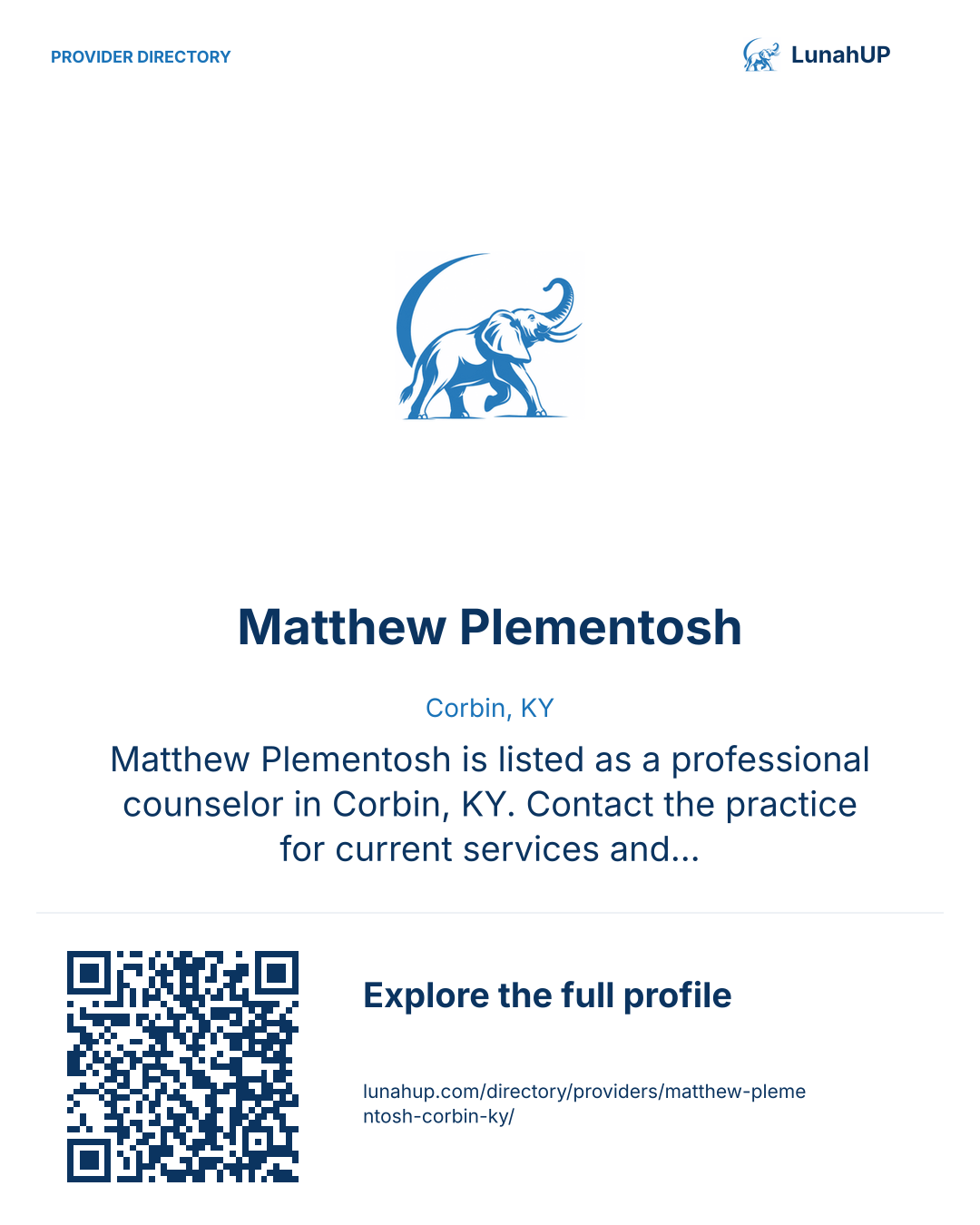 Sharing card for Matthew Plementosh. Corbin, KY. Matthew Plementosh is listed as a professional counselor in Corbin, KY. Contact the practice for current services and appointment availability.  QR opens the published profile.