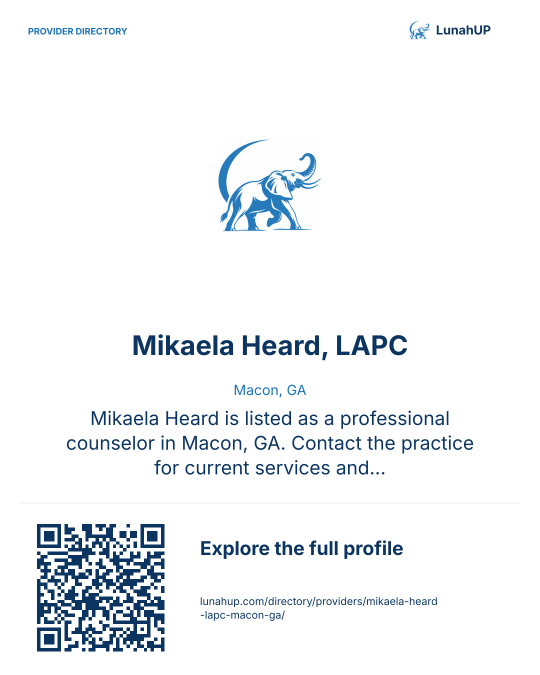 Sharing card for Mikaela Heard, LAPC. Macon, GA. Mikaela Heard is listed as a professional counselor in Macon, GA. Contact the practice for current services and appointment availability.  QR opens the published profile.