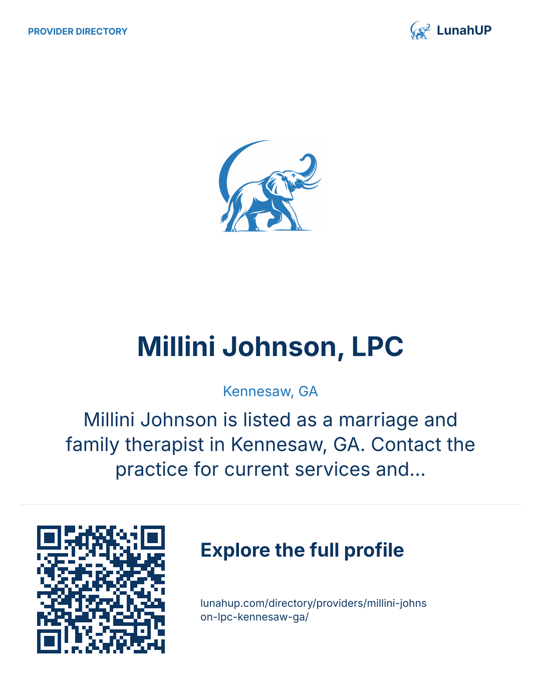 Sharing card for Millini Johnson, LPC. Kennesaw, GA. Millini Johnson is listed as a marriage and family therapist in Kennesaw, GA. Contact the practice for current services and appointment availability.  QR opens the published profile.
