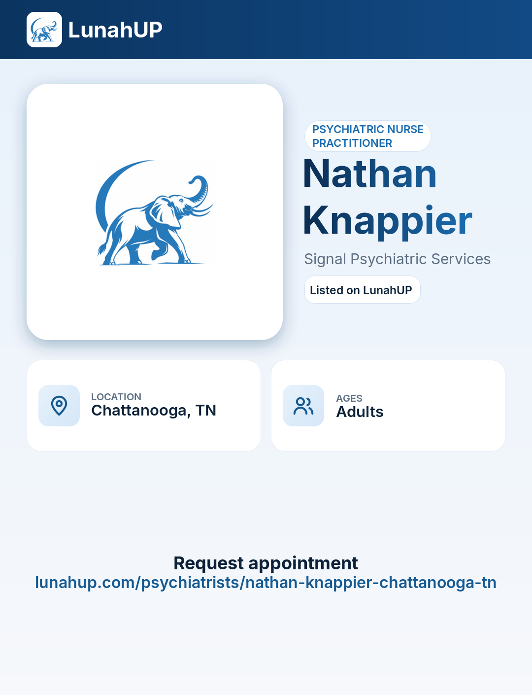Nathan Knappier. Psychiatric nurse practitioner. For adults.