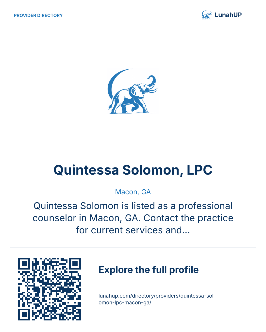 Sharing card for Quintessa Solomon, LPC. Macon, GA. Quintessa Solomon is listed as a professional counselor in Macon, GA. Contact the practice for current services and appointment availability.  QR opens the published profile.