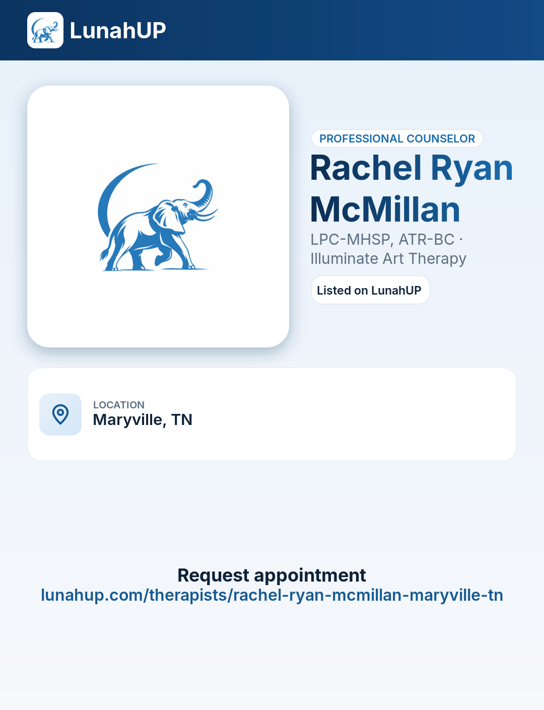Rachel Ryan McMillan, LPC-MHSP, ATR-BC. Professional counselor. 