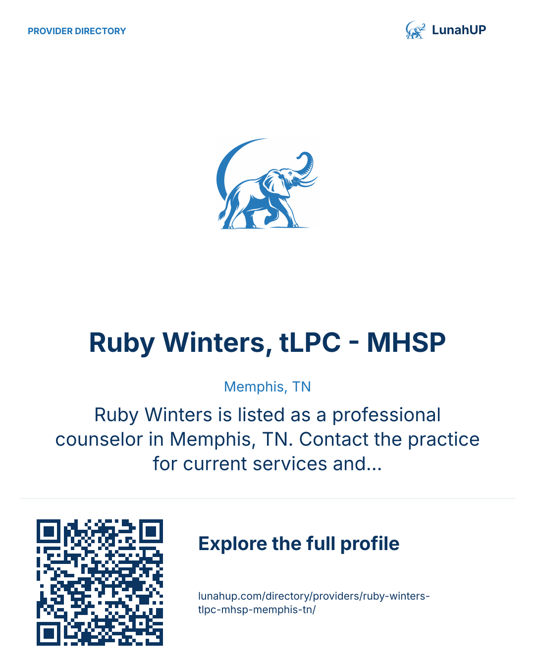 Sharing card for Ruby Winters, tLPC - MHSP. Memphis, TN. Ruby Winters is listed as a professional counselor in Memphis, TN. Contact the practice for current services and appointment availability.  QR opens the published profile.