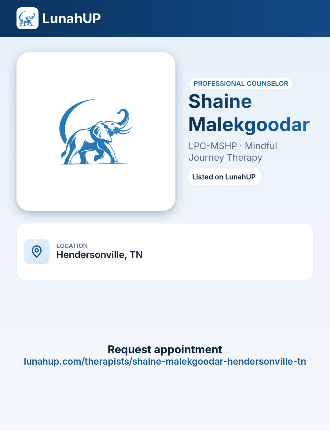 Shaine Malekgoodar, LPC-MSHP. Professional counselor.