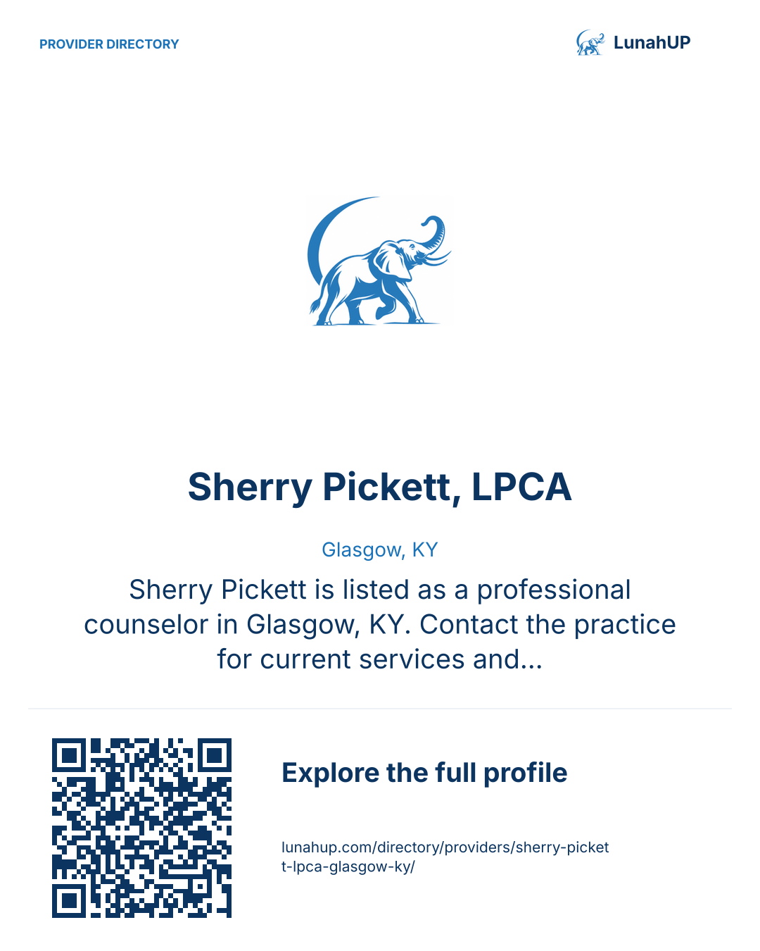 Sharing card for Sherry Pickett, LPCA. Glasgow, KY. Sherry Pickett is listed as a professional counselor in Glasgow, KY. Contact the practice for current services and appointment availability.  QR opens the published profile.
