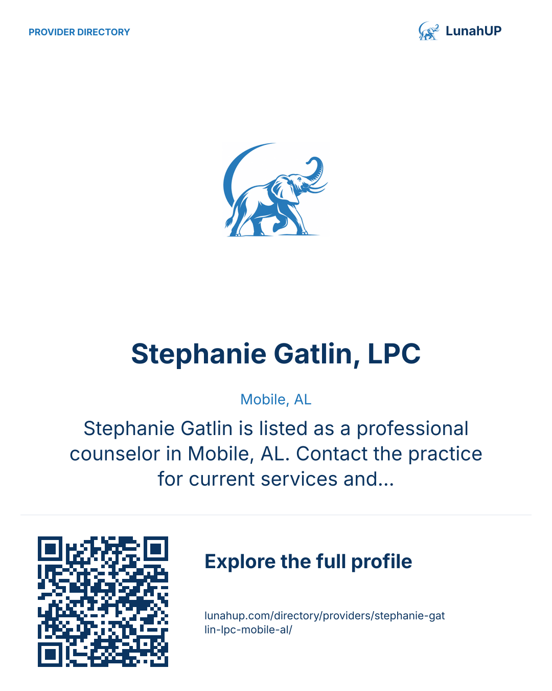 Sharing card for Stephanie Gatlin, LPC. Mobile, AL. Stephanie Gatlin is listed as a professional counselor in Mobile, AL. Contact the practice for current services and appointment availability.  QR opens the published profile.