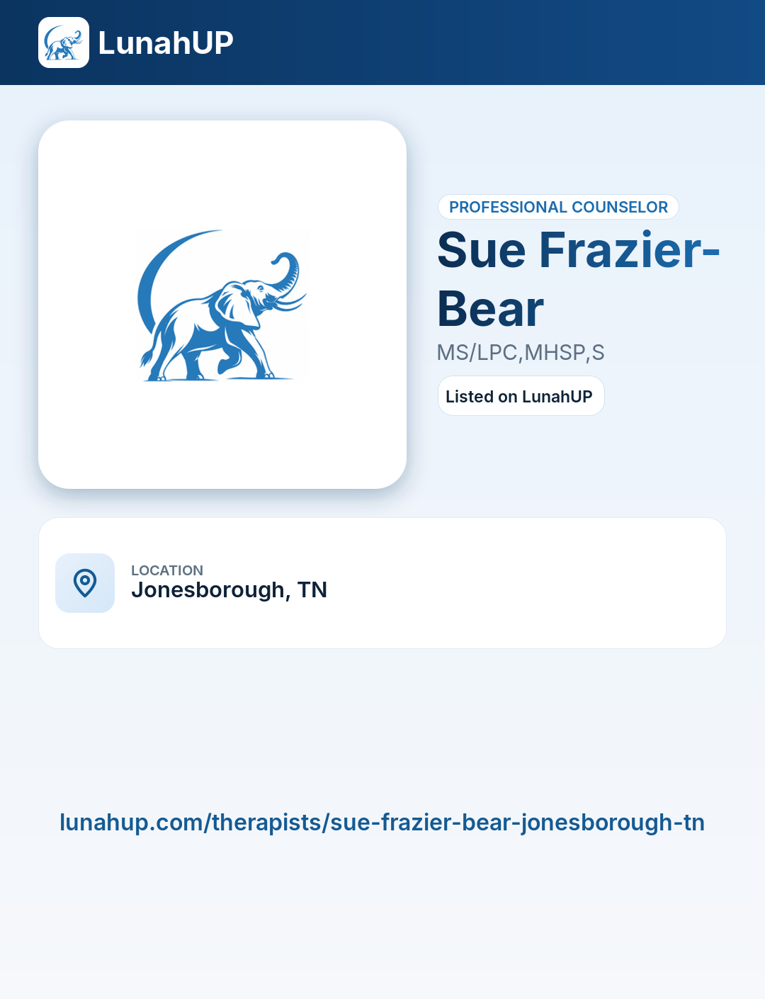Sue Frazier-Bear, MS/LPC,MHSP,S. Professional counselor. 
