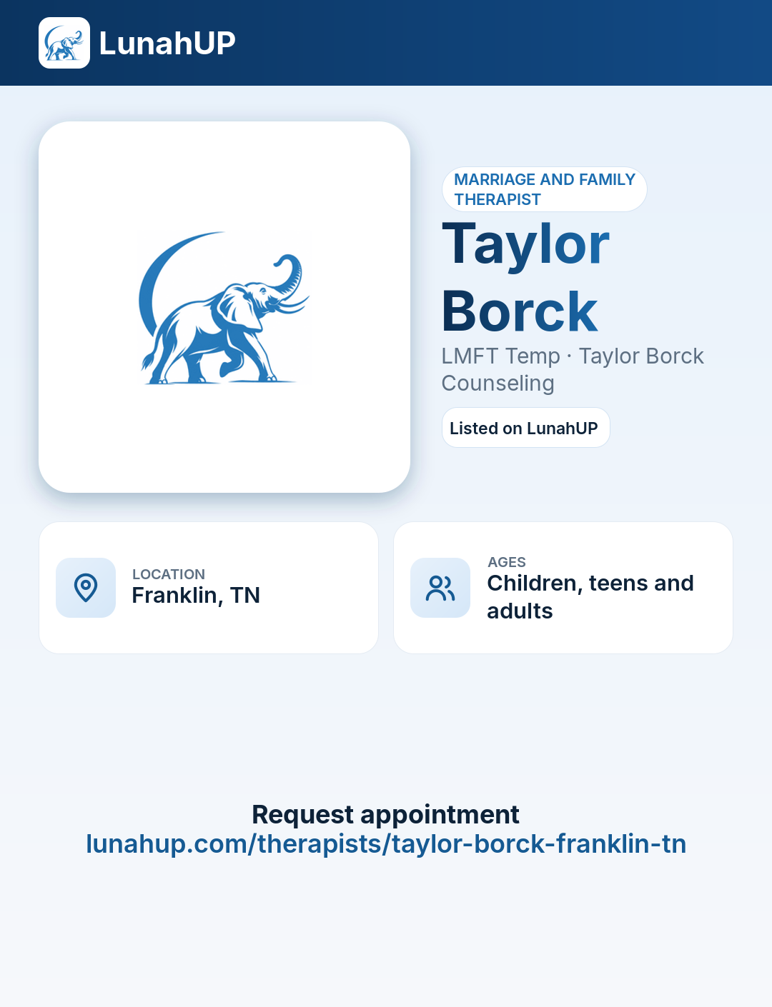 Taylor Borck, LMFT Temp. Marriage and family therapist. 